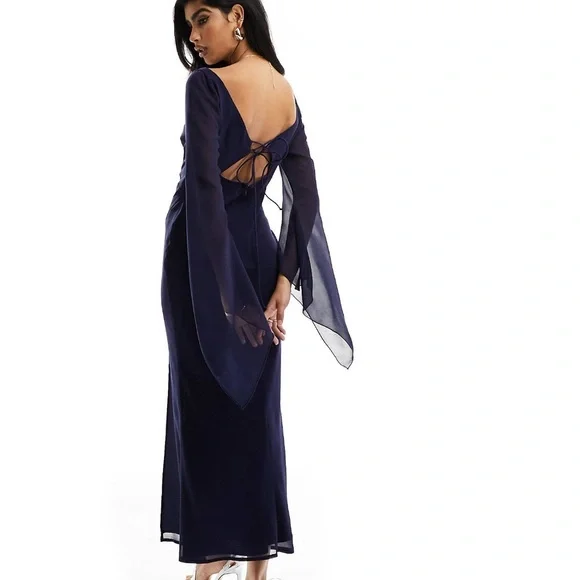 ASOS Midi Flowy Long Sleeve Cutout Dress in Navy - Picture 2 of 8